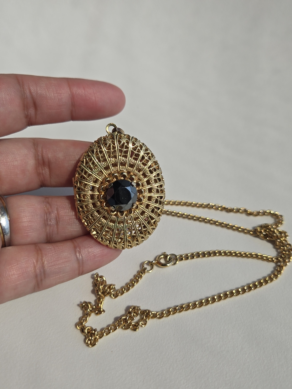Gold-Tone Filigree Locket Oval Necklace with Black Stone